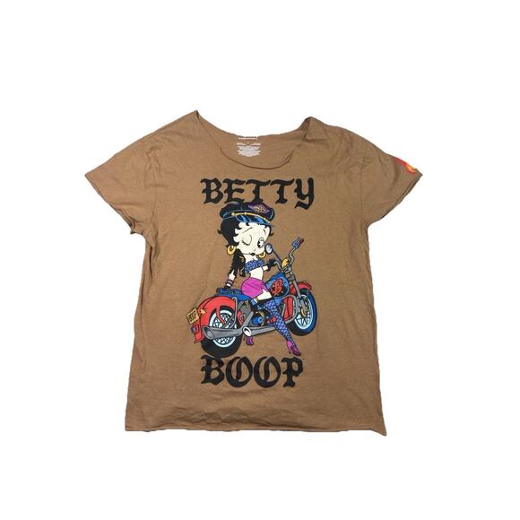 Betty Boop biker girl Graphic T-Shirt Khaki Tan Women Size Large 100% Cotton - Picture 1 of 5